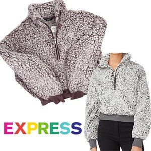 Express Oversized Teddy Sherpa Quarter Zip Crop Sweatshirt, XS